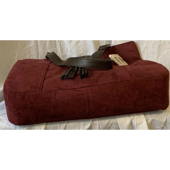 New Faded Glory Red Berry Suede Tote Purse Handbag Double Brown Handles - Picture 3 of 9